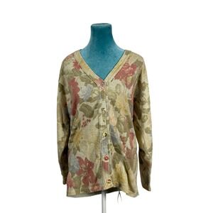 Gabriella T. Vintage Cottagecore Women Cardigan Sweater Tan Cotton Linen Blend